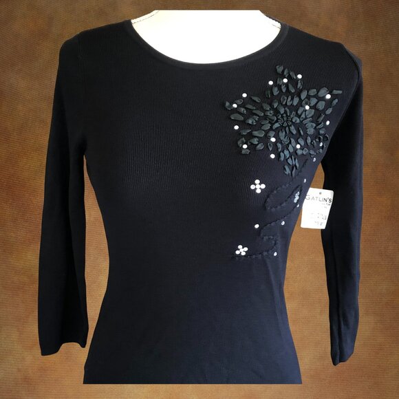 Attitude Knit Black Medium Top – Beaded Floral Sequin Detail, 3/4 Sleeve - Picture 1 of 10